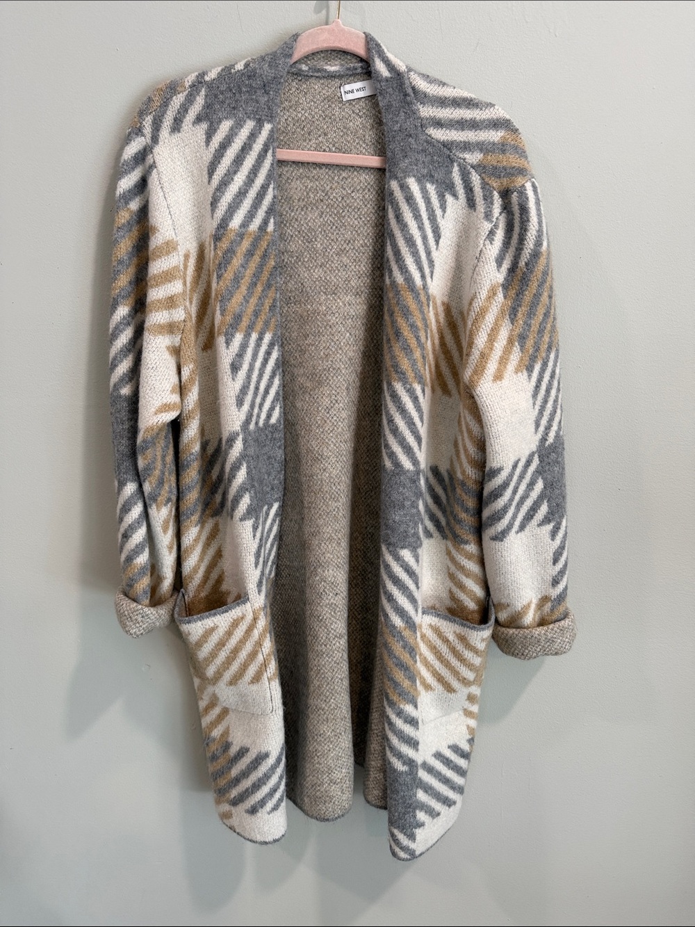 Nine West Open-Front Geometric Cardigan in‎ Gray White Tan
